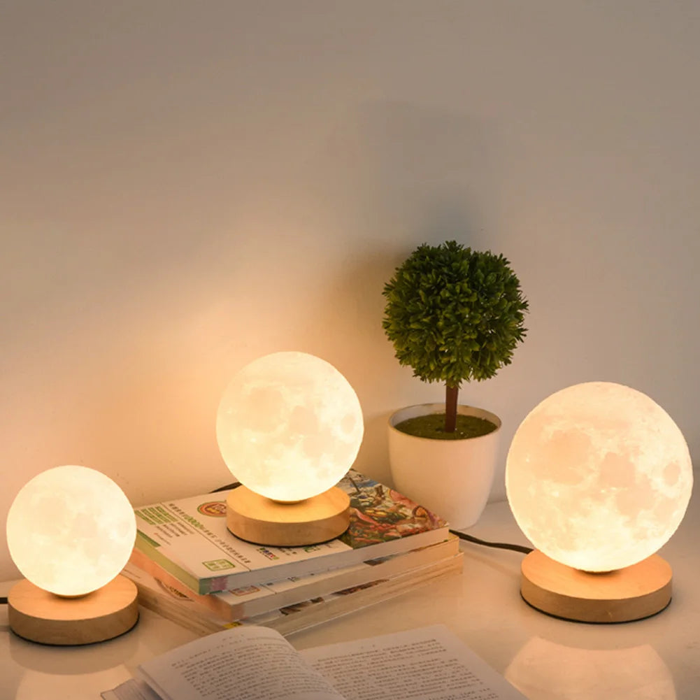 Levitating Moon Magnetic Floating Night Light, Creative Table 3D Printed LED Lamp with Wooden Base for Gift Office Bedroom Home