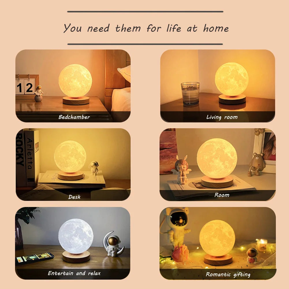 Levitating Moon Magnetic Floating Night Light, Creative Table 3D Printed LED Lamp with Wooden Base for Gift Office Bedroom Home