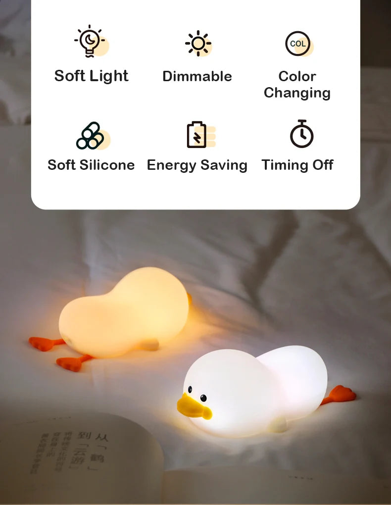 1pc Doudou Duck night light  Children's gift soft light eye care USB charging timing automatic clap silicone lamp