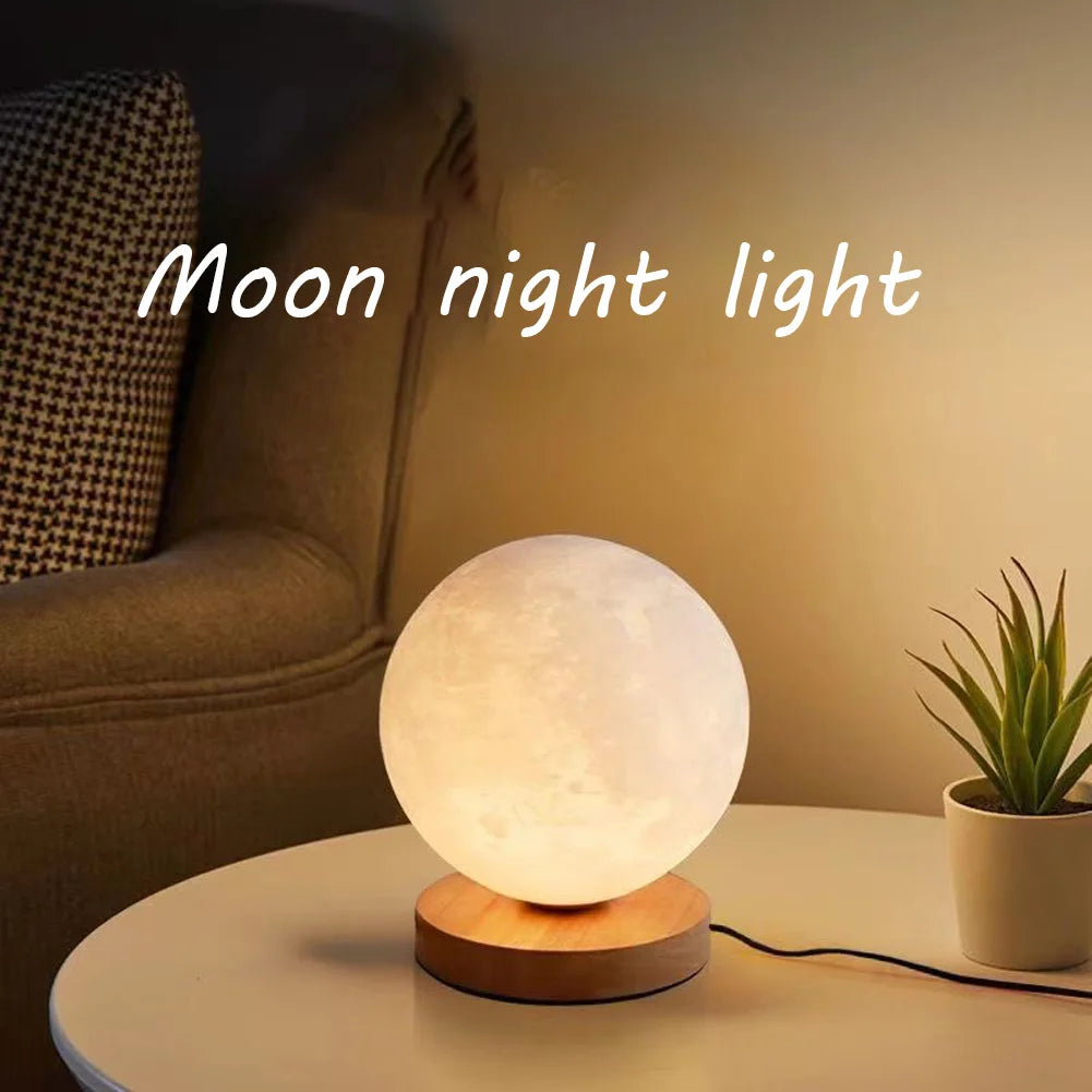 Levitating Moon Magnetic Floating Night Light, Creative Table 3D Printed LED Lamp with Wooden Base for Gift Office Bedroom Home