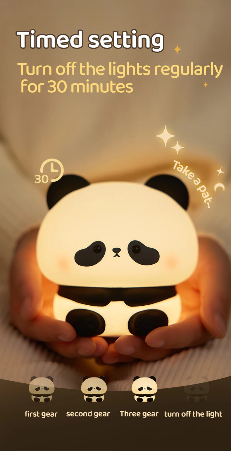 Panda LED Night Light Cute Silicone Night Light USB Rechargeable Touch Night Lamp Bedroom Timing Lamp Decoration Children's Gift