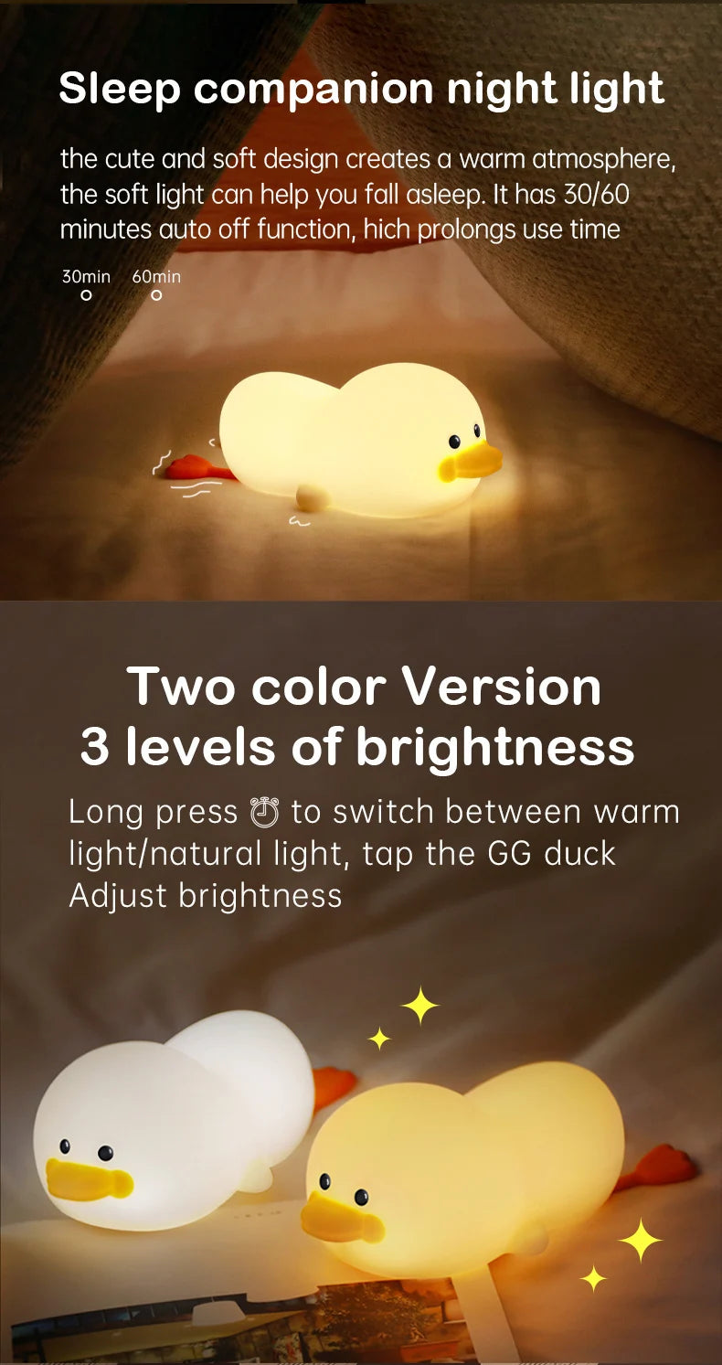 1pc Doudou Duck night light  Children's gift soft light eye care USB charging timing automatic clap silicone lamp