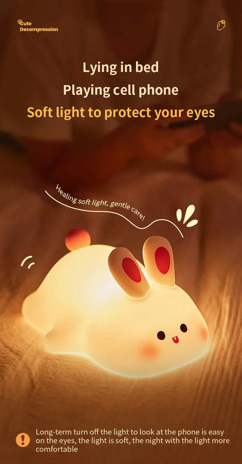 1pc Cute Rabbit-shaped USB Rechargeable Silicone Night Light for Bedroom - Eye Protection Sleep Bedside Lamp Desk Lighting