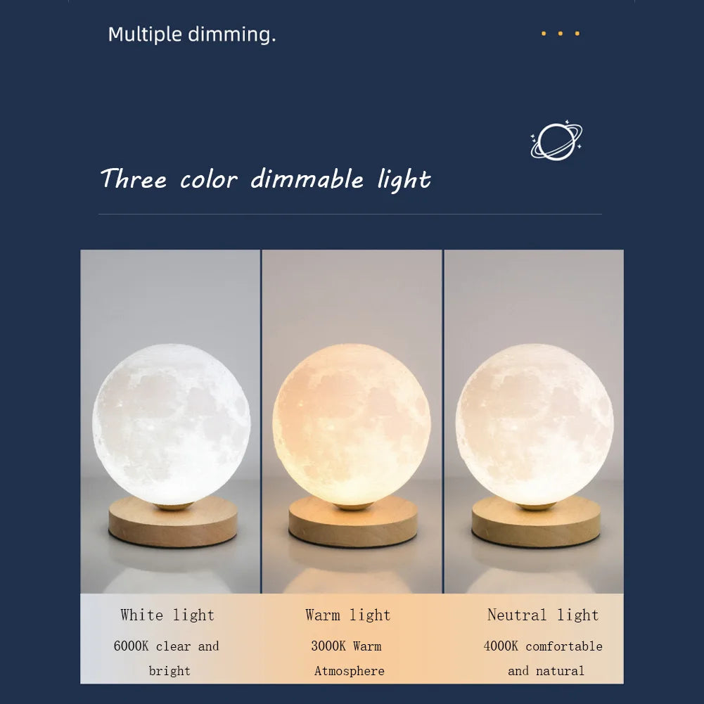 Levitating Moon Magnetic Floating Night Light, Creative Table 3D Printed LED Lamp with Wooden Base for Gift Office Bedroom Home