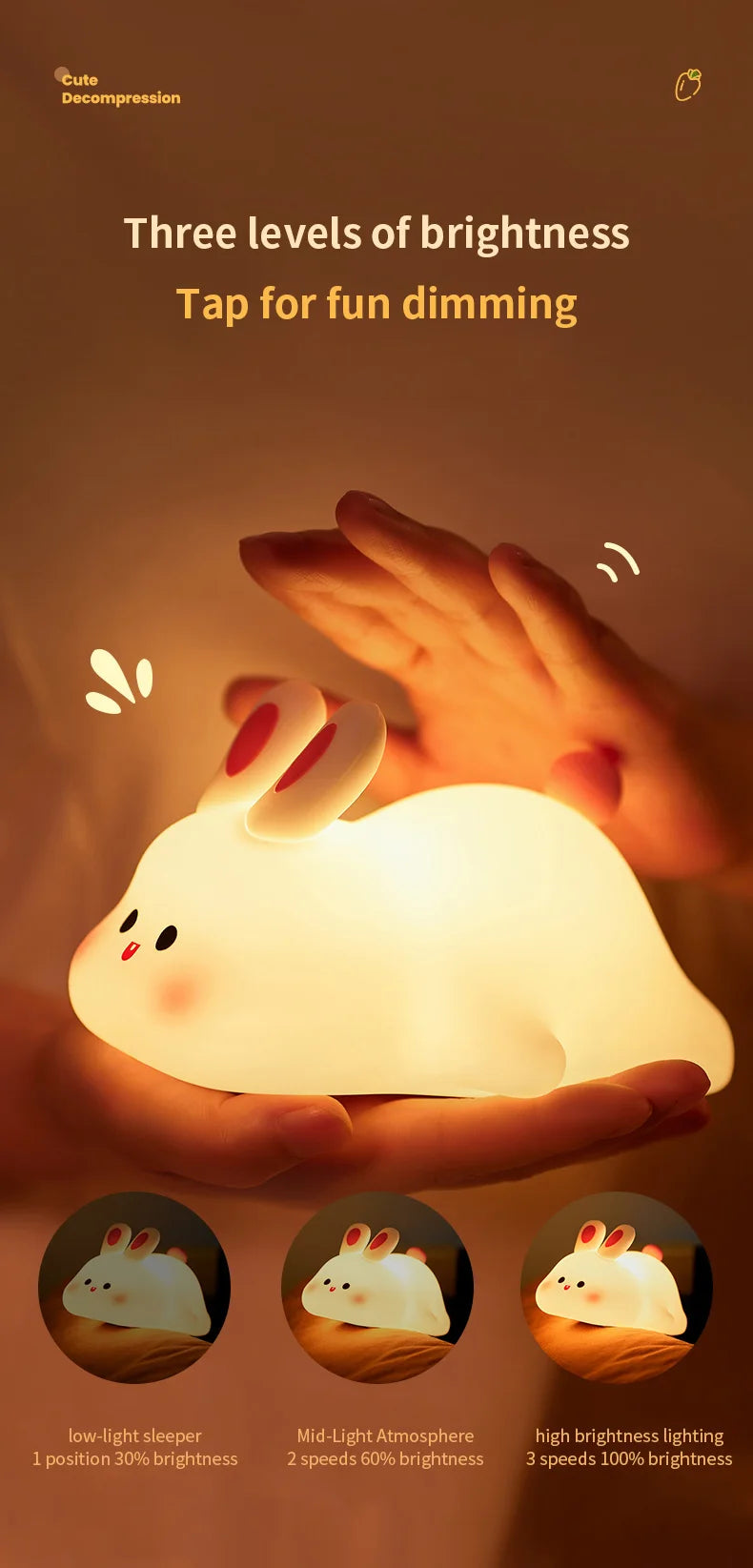 1pc Cute Rabbit-shaped USB Rechargeable Silicone Night Light for Bedroom - Eye Protection Sleep Bedside Lamp Desk Lighting