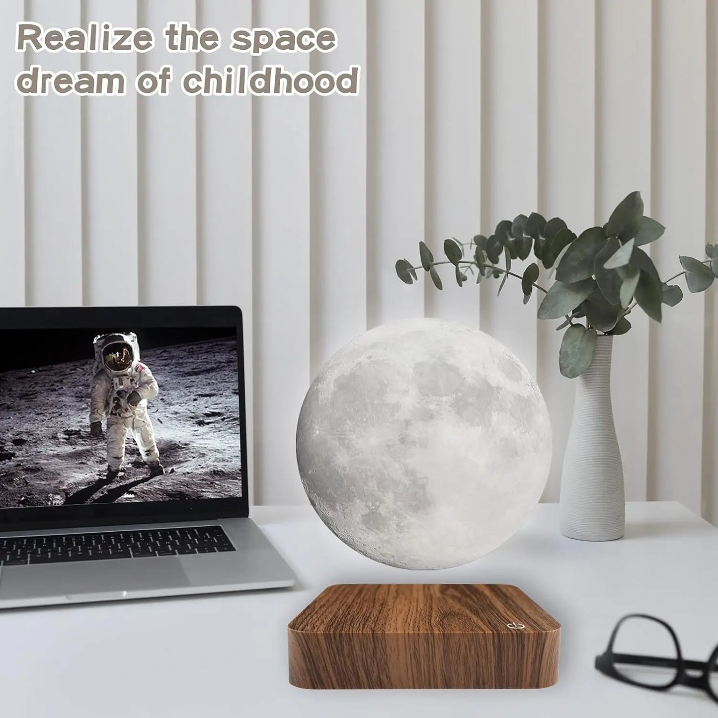 Levitating Moon Magnetic Floating Night Light, Creative Table 3D Printed LED Lamp with Wooden Base for Gift Office Bedroom Home