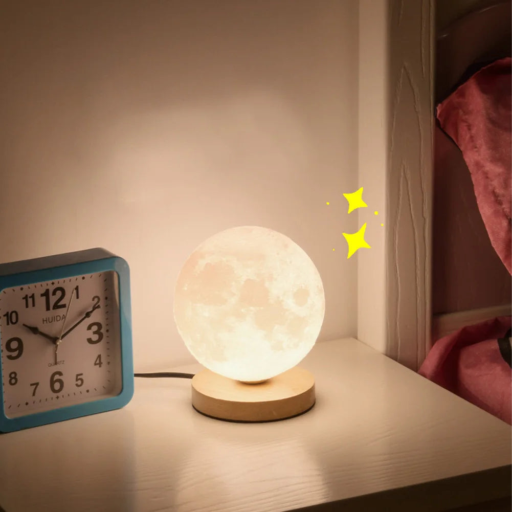 Levitating Moon Magnetic Floating Night Light, Creative Table 3D Printed LED Lamp with Wooden Base for Gift Office Bedroom Home