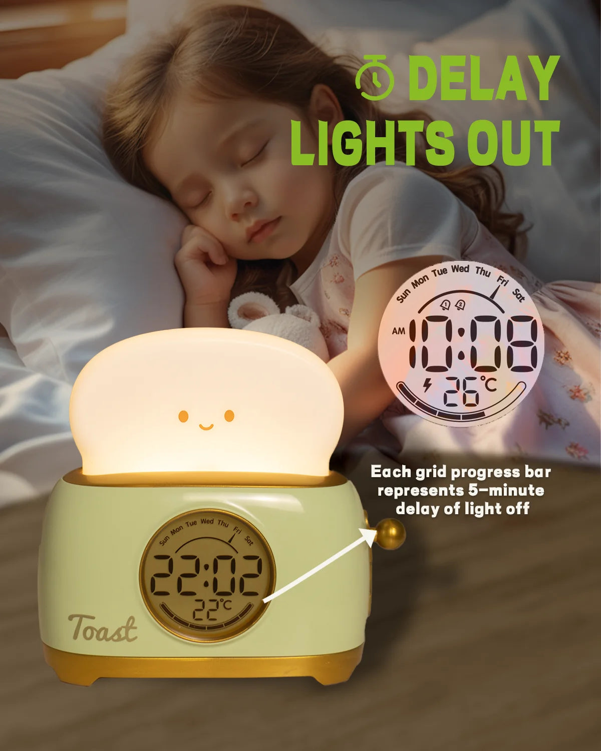 Kid Alarm Clock LED Night Light Digital Clock Children's Sleep Trainier For Home Bedroom Bedside Cute Temperature Display Reloj