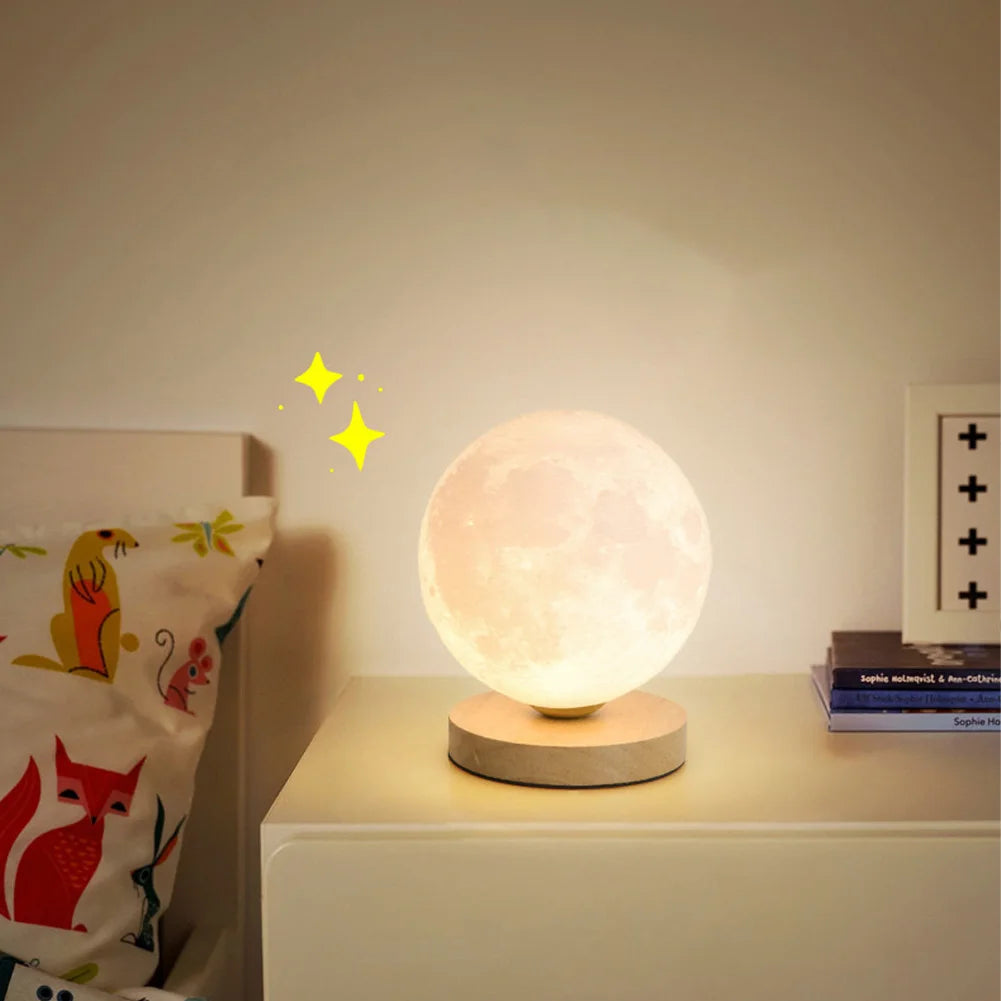 Levitating Moon Magnetic Floating Night Light, Creative Table 3D Printed LED Lamp with Wooden Base for Gift Office Bedroom Home