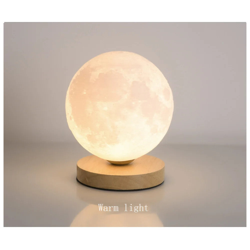 Levitating Moon Magnetic Floating Night Light, Creative Table 3D Printed LED Lamp with Wooden Base for Gift Office Bedroom Home