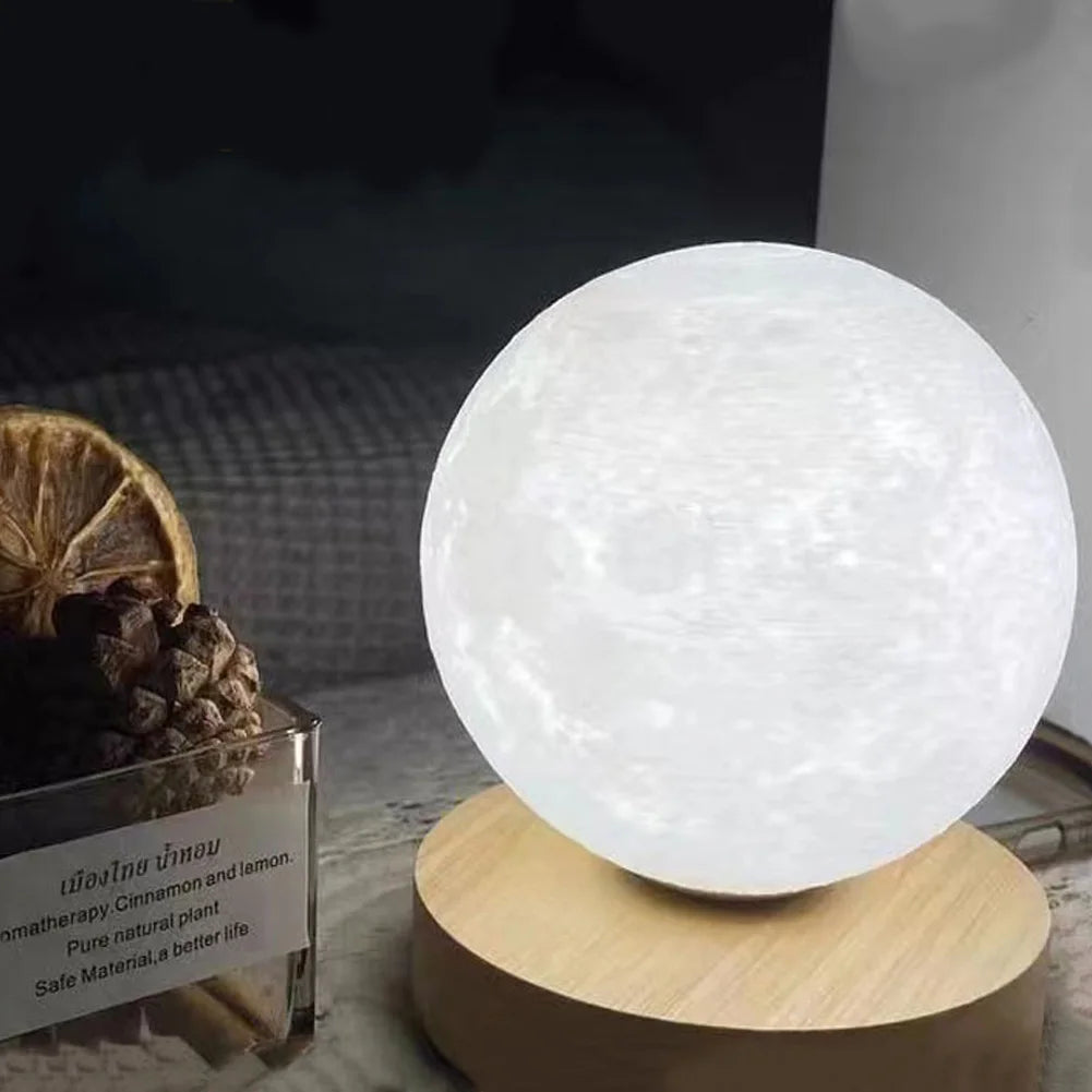 Levitating Moon Magnetic Floating Night Light, Creative Table 3D Printed LED Lamp with Wooden Base for Gift Office Bedroom Home