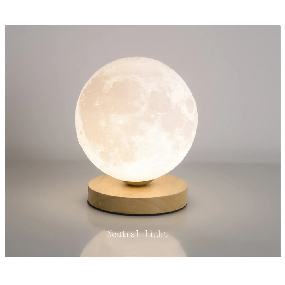 Levitating Moon Magnetic Floating Night Light, Creative Table 3D Printed LED Lamp with Wooden Base for Gift Office Bedroom Home